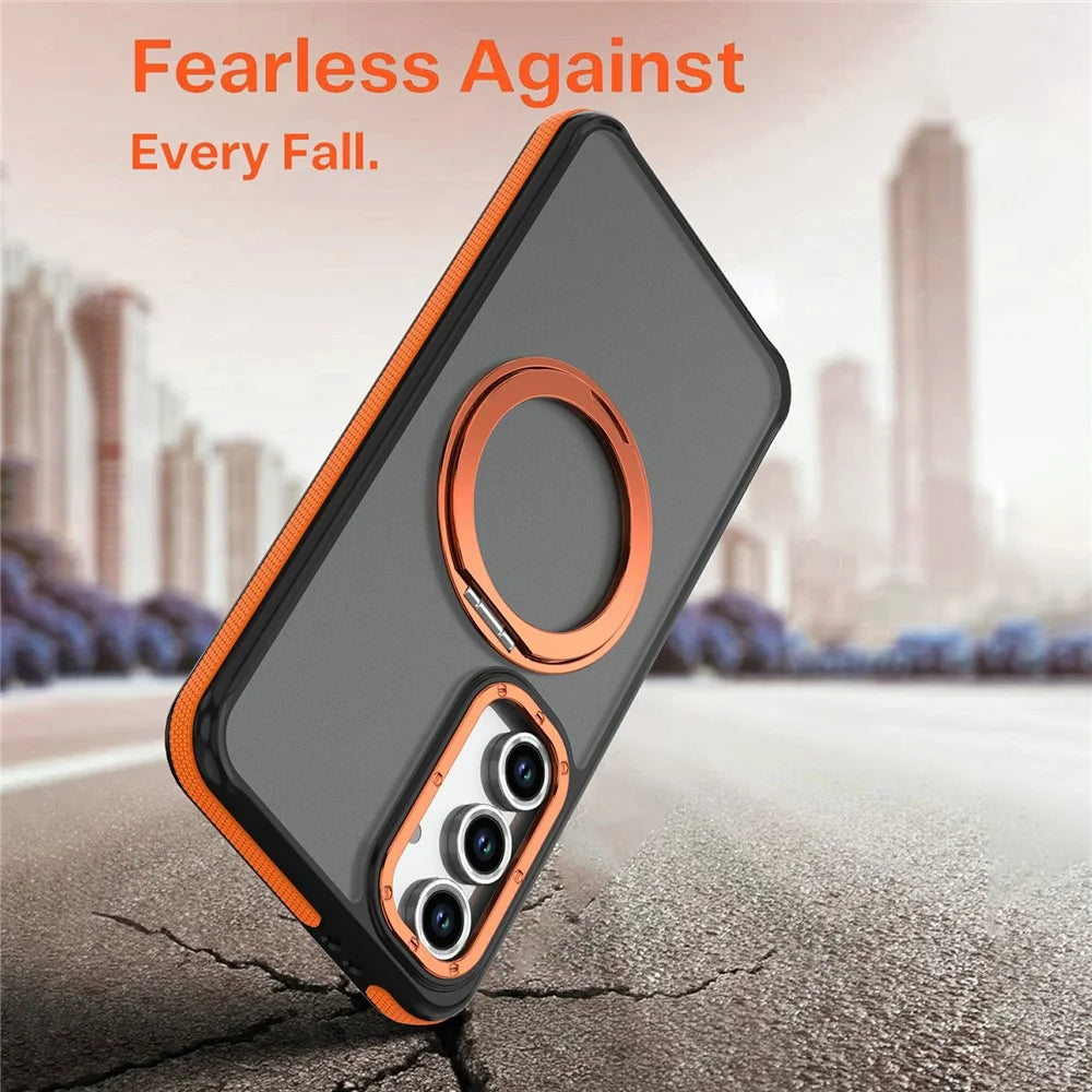 For Samsung Galaxy S23 FE Magnetic Case Double Color Rotating Ring Kickstand PC + TPU Phone Cover - Orange - 7