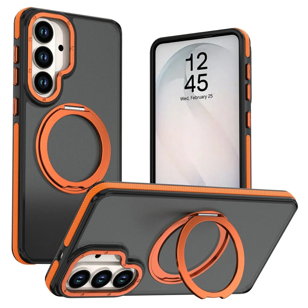 For Samsung Galaxy S24  /  S25 Magnetic Case Double Color Rotating Ring Kickstand PC + TPU Phone Cover - Orange - 1