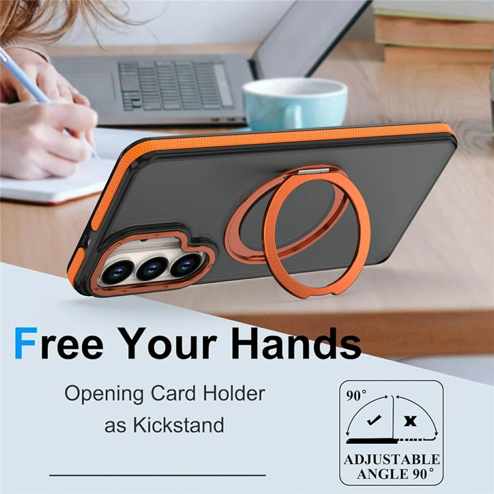 For Samsung Galaxy S24  /  S25 Magnetic Case Double Color Rotating Ring Kickstand PC + TPU Phone Cover - Orange - 3