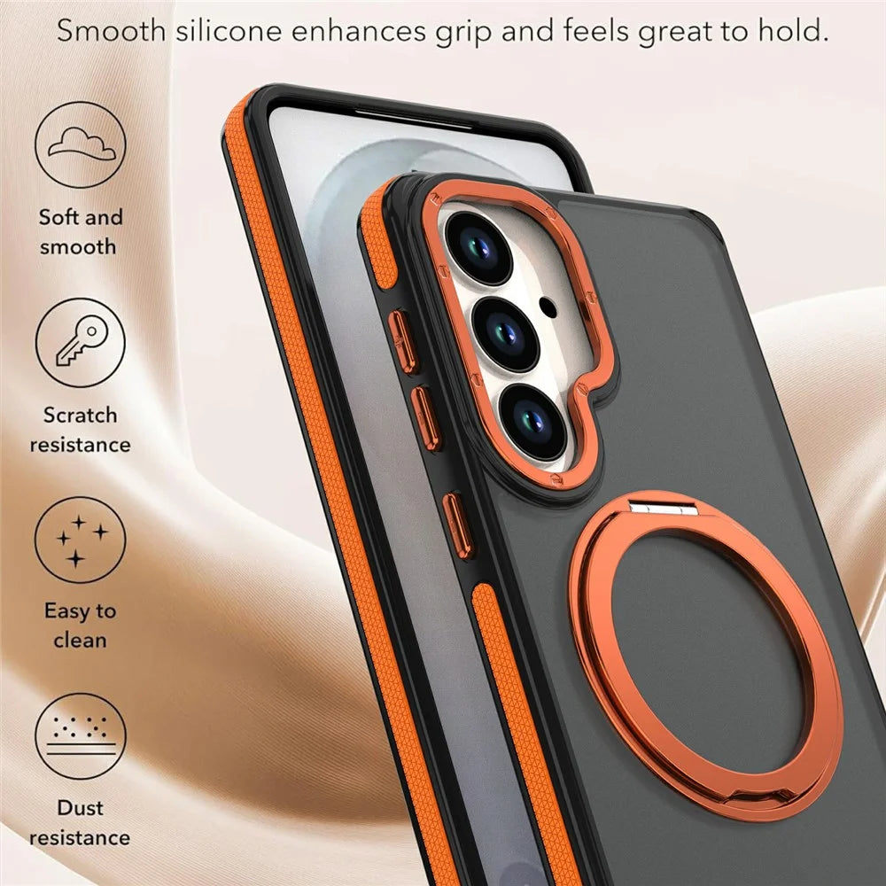 For Samsung Galaxy S24  /  S25 Magnetic Case Double Color Rotating Ring Kickstand PC + TPU Phone Cover - Orange - 5