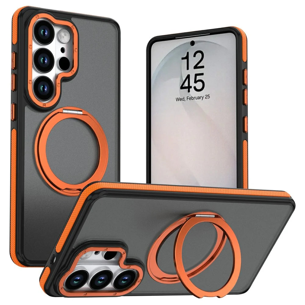 For Samsung Galaxy S25 Ultra Magnetic Case Double Color Rotating Ring Kickstand PC + TPU Phone Cover - Orange - 1