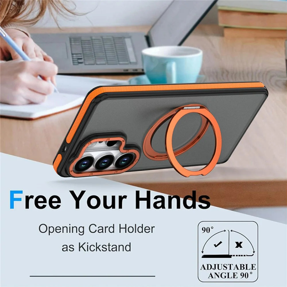 For Samsung Galaxy S25 Ultra Magnetic Case Double Color Rotating Ring Kickstand PC + TPU Phone Cover - Orange - 3