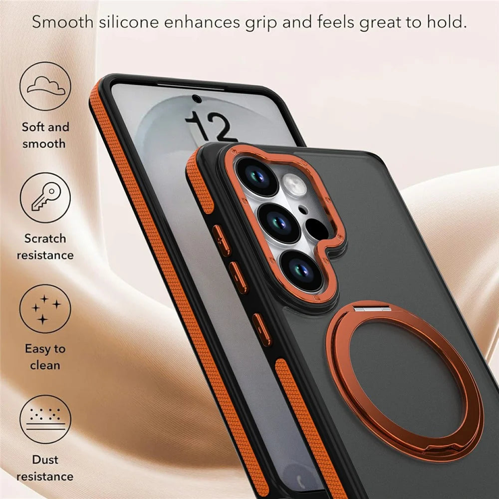 For Samsung Galaxy S25 Ultra Magnetic Case Double Color Rotating Ring Kickstand PC + TPU Phone Cover - Orange - 5