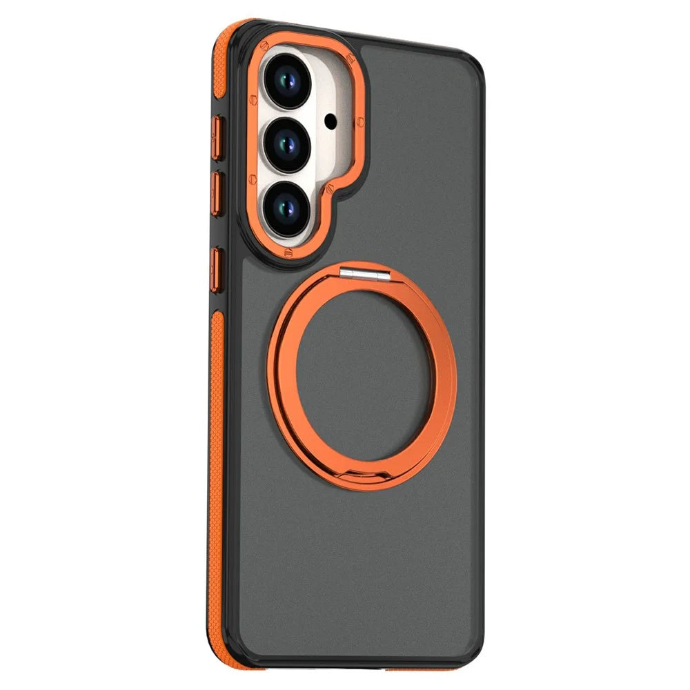 For Samsung Galaxy S26 Magnetic Case Double Color Rotating Ring Kickstand PC + TPU Phone Cover - Orange - 2