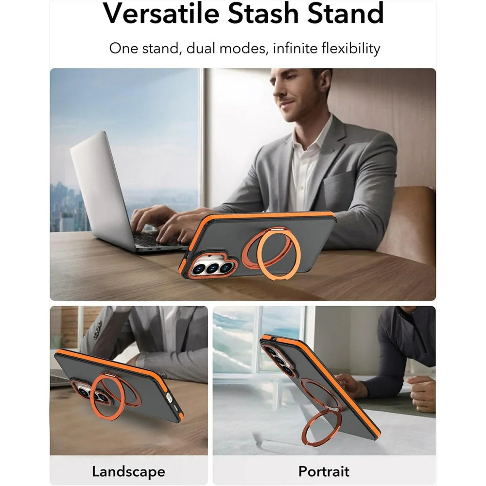 For Samsung Galaxy S26 Magnetic Case Double Color Rotating Ring Kickstand PC + TPU Phone Cover - Orange - 4