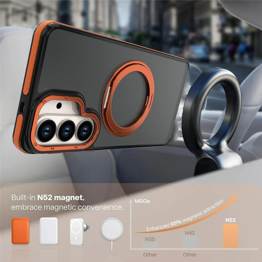 For Samsung Galaxy S26 Magnetic Case Double Color Rotating Ring Kickstand PC + TPU Phone Cover - Orange - 6