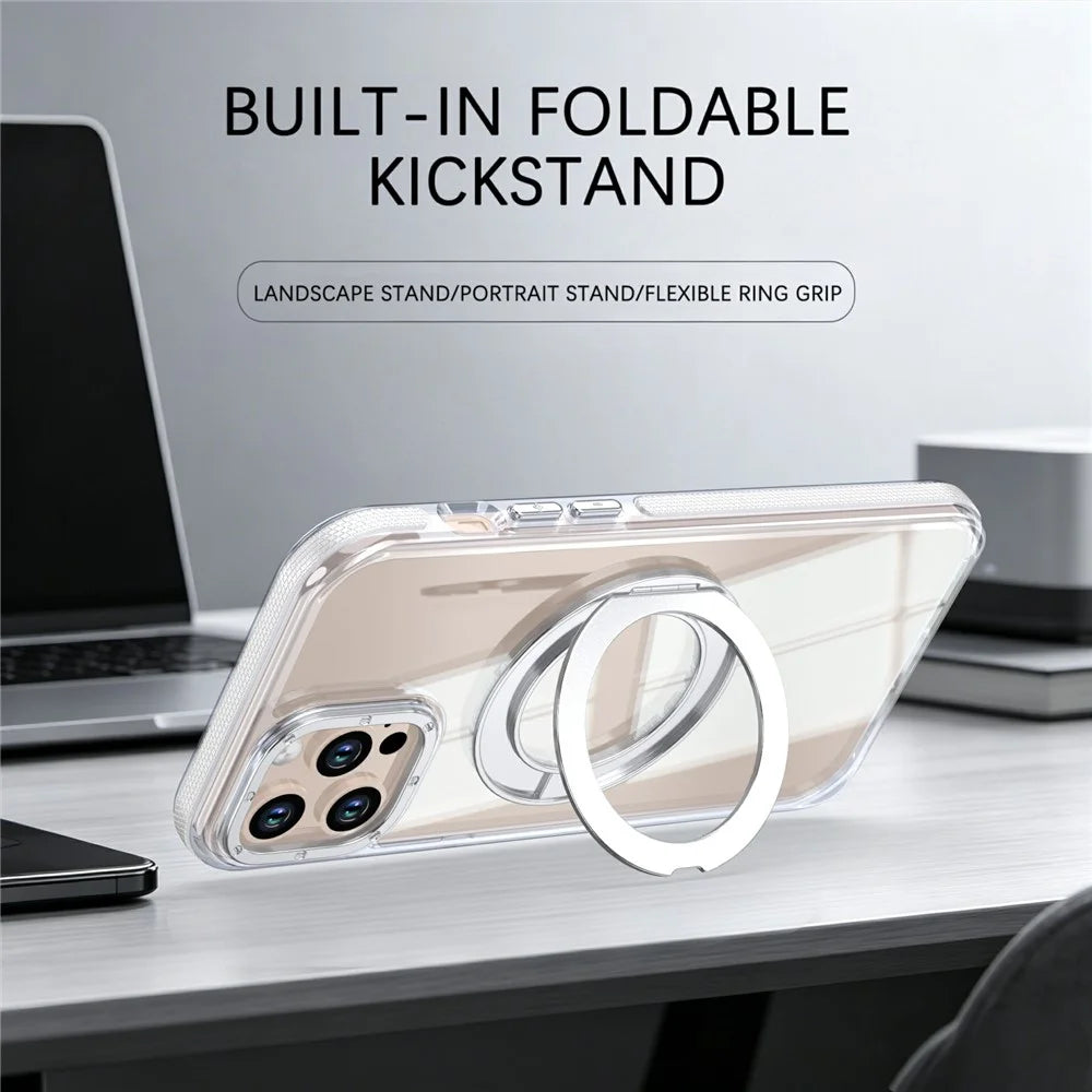 For iPhone 12 Pro Max Magnetic Case Rotating Ring Kickstand Dual Color Acrylic + TPU Clear Phone Cover - White - 3