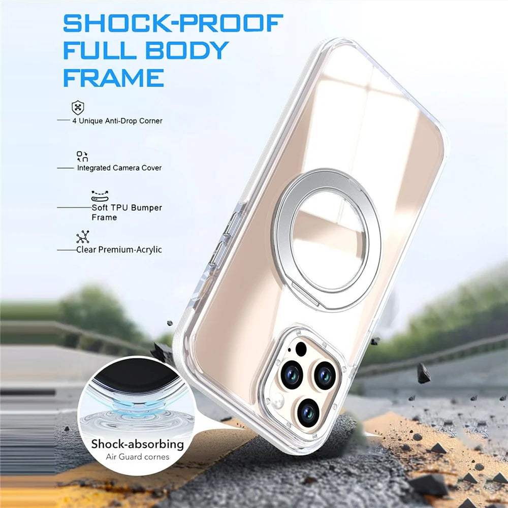 For iPhone 12 Pro Max Magnetic Case Rotating Ring Kickstand Dual Color Acrylic + TPU Clear Phone Cover - White - 7