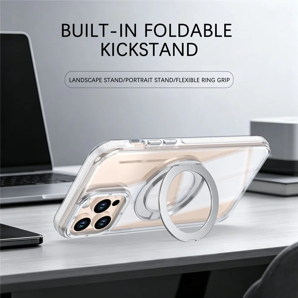 For iPhone 14 Pro Max Magnetic Case Rotating Ring Kickstand Dual Color Acrylic + TPU Clear Phone Cover - White - 3