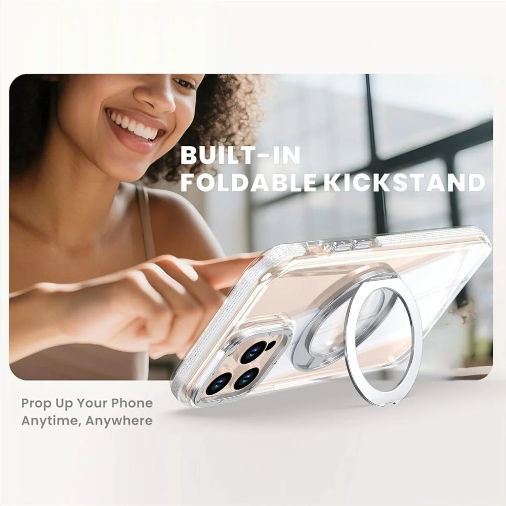 For iPhone 14 Pro Max Magnetic Case Rotating Ring Kickstand Dual Color Acrylic + TPU Clear Phone Cover - White - 4