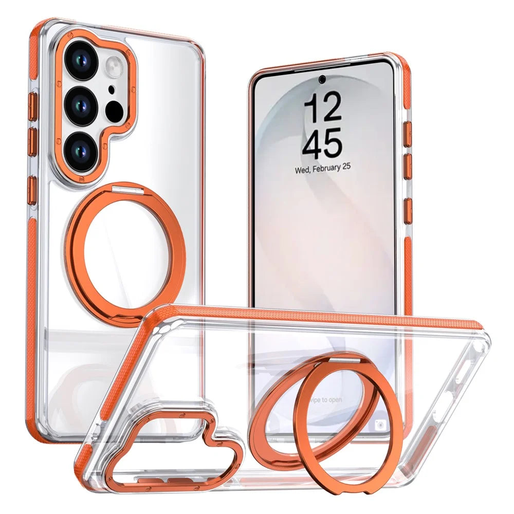 For Samsung Galaxy S23 Ultra Magnetic Case Rotating Ring Kickstand Dual Color Acrylic + TPU Clear Phone Cover - Orange - 1