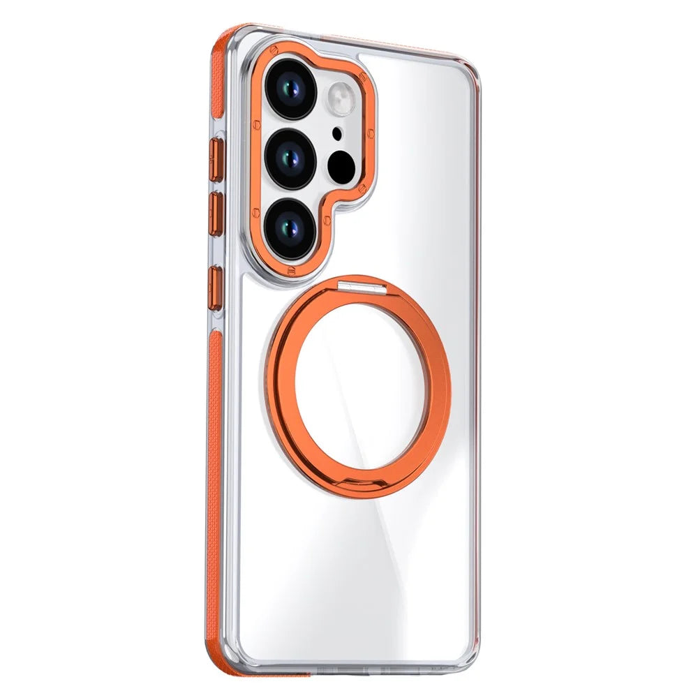 For Samsung Galaxy S23 Ultra Magnetic Case Rotating Ring Kickstand Dual Color Acrylic + TPU Clear Phone Cover - Orange - 2