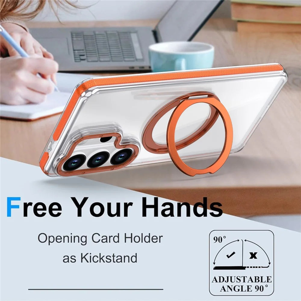 For Samsung Galaxy S23 Ultra Magnetic Case Rotating Ring Kickstand Dual Color Acrylic + TPU Clear Phone Cover - Orange - 3