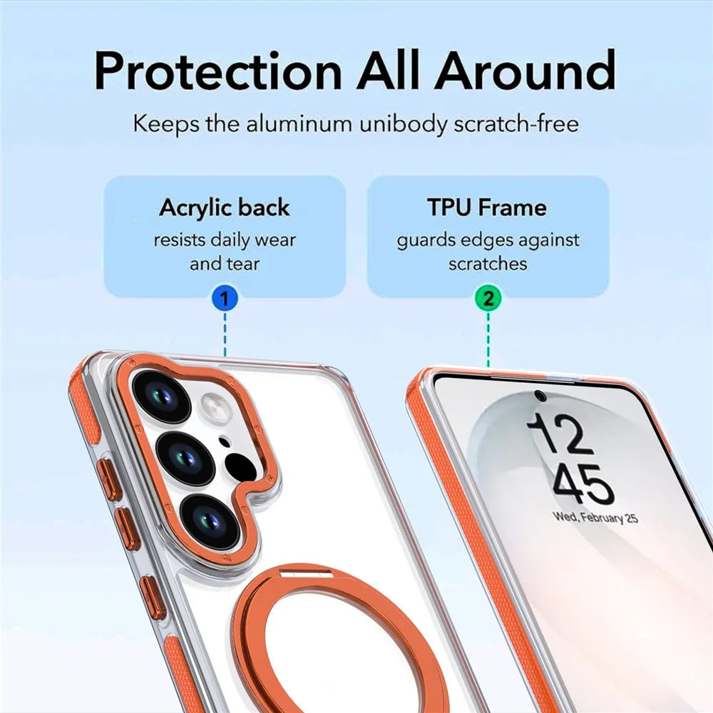 For Samsung Galaxy S25 Ultra Magnetic Case Rotating Ring Kickstand Dual Color Acrylic + TPU Clear Phone Cover - Orange - 5