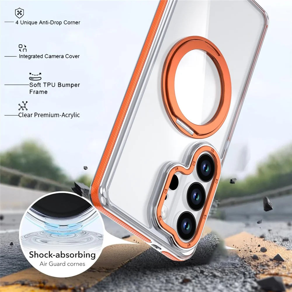 For Samsung Galaxy S25 Ultra Magnetic Case Rotating Ring Kickstand Dual Color Acrylic + TPU Clear Phone Cover - Orange - 6