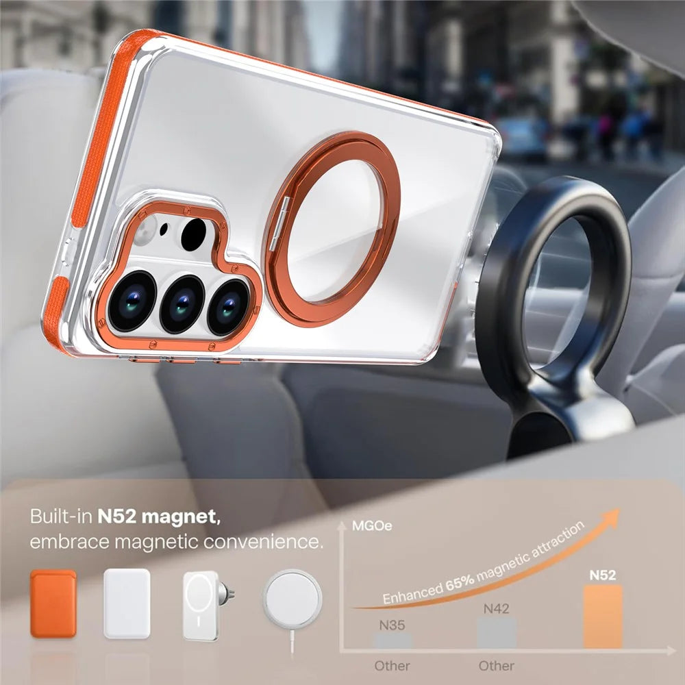 For Samsung Galaxy S25 Ultra Magnetic Case Rotating Ring Kickstand Dual Color Acrylic + TPU Clear Phone Cover - Orange - 7