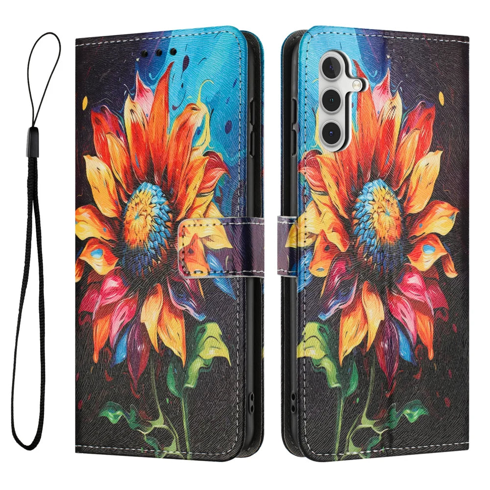 For Samsung Galaxy S26 FE Wallet Case Pattern Printing PU Leather Phone Cover with Lanyard - Sunflower - 1