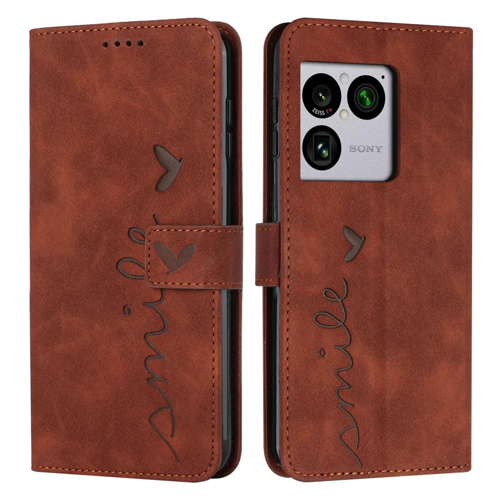 For Sony Xperia 1 VIII Stand Case PU Leather Phone Cover Imprinted Heart Pattern - Brown - 1