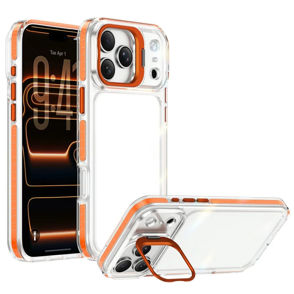 For iPhone 17 Pro Max Case Metal Camera Kickstand Shockproof Clear PC + TPU Phone Cover - Transparent Orange - 1