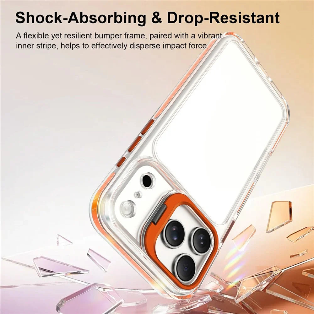 For iPhone 17 Pro Max Case Metal Camera Kickstand Shockproof Clear PC + TPU Phone Cover - Transparent Orange - 2