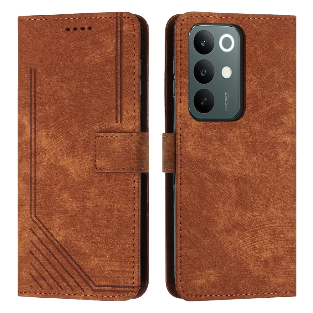 For Realme C100x 4G / Realme C100i 4G / Realme C100 4G Stand Case Imprinted Lines Leather Phone Cover - Brown - 1
