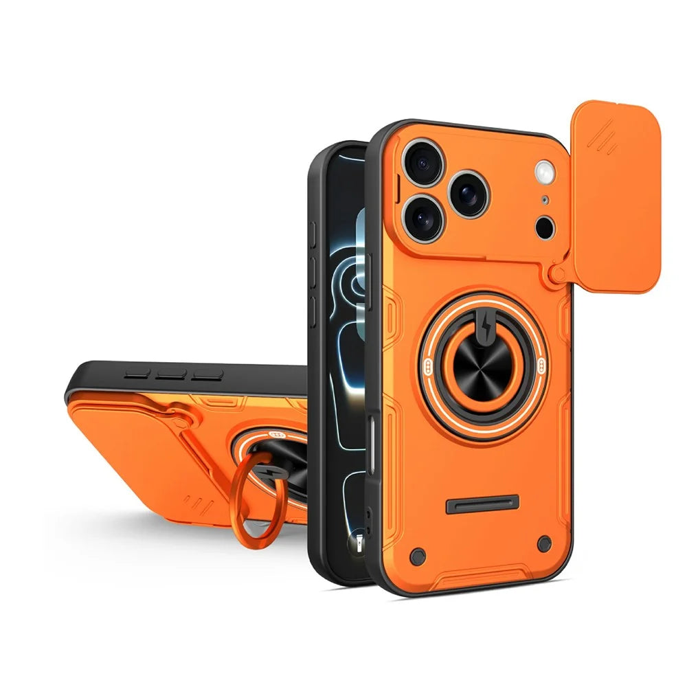 For iPhone 17 Pro Case Sliding Camera Cover Ring Kickstand PC + TPU Phone Shell with Tempered Glass Film - Orange - 1