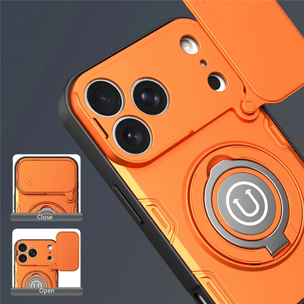 For iPhone 17 Pro Case Sliding Camera Cover Ring Kickstand PC + TPU Phone Shell with Tempered Glass Film - Orange - 3