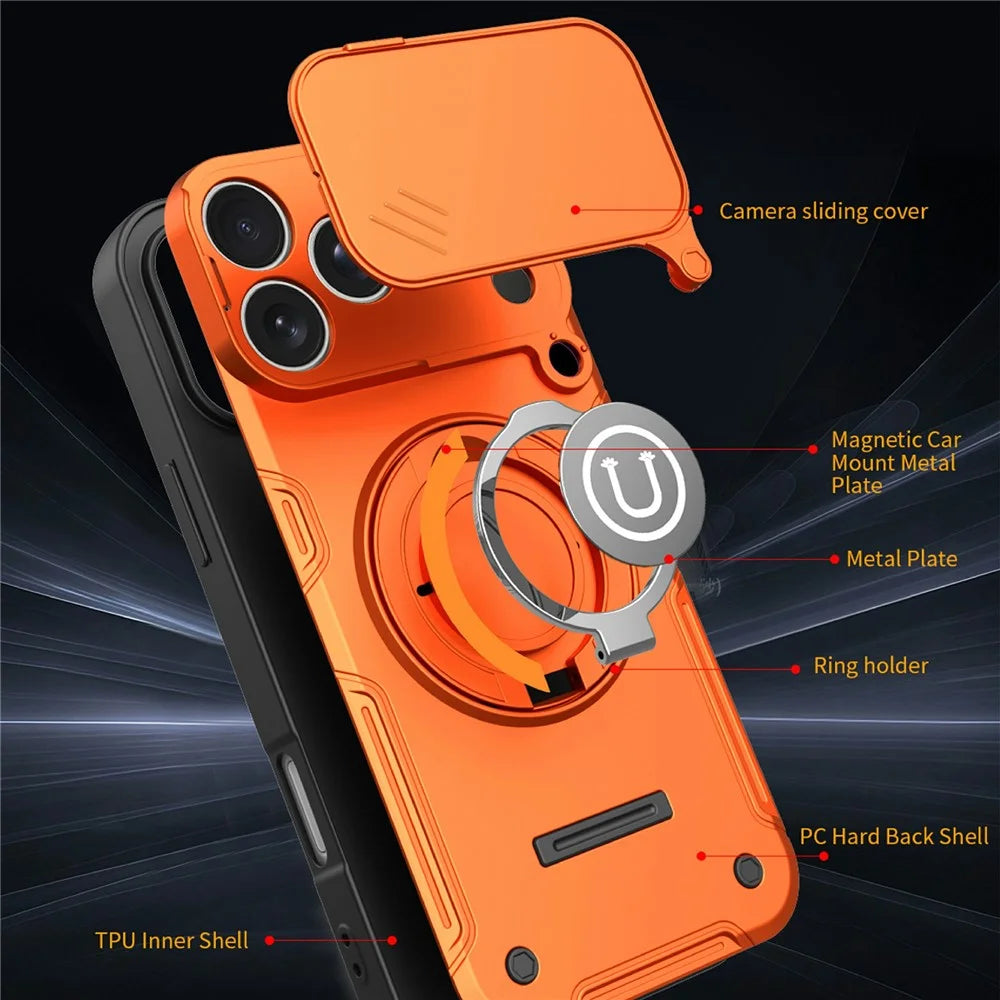 For iPhone 17 Pro Max Case Sliding Camera Cover Ring Kickstand PC + TPU Phone Shell with Tempered Glass Film - Orange - 6