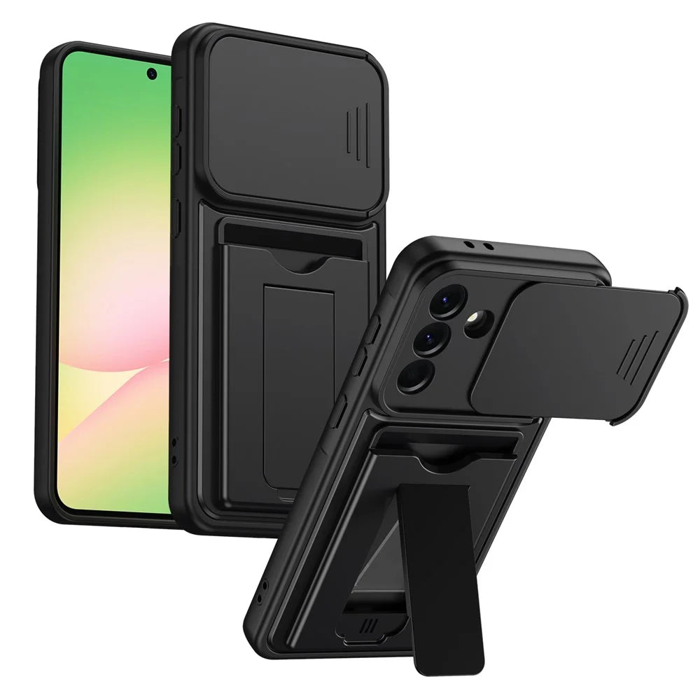 For Samsung Galaxy A36 5G Case Slide Camera Cover Kickstand PC + TPU Phone Shell with Card Holder - Black - 1