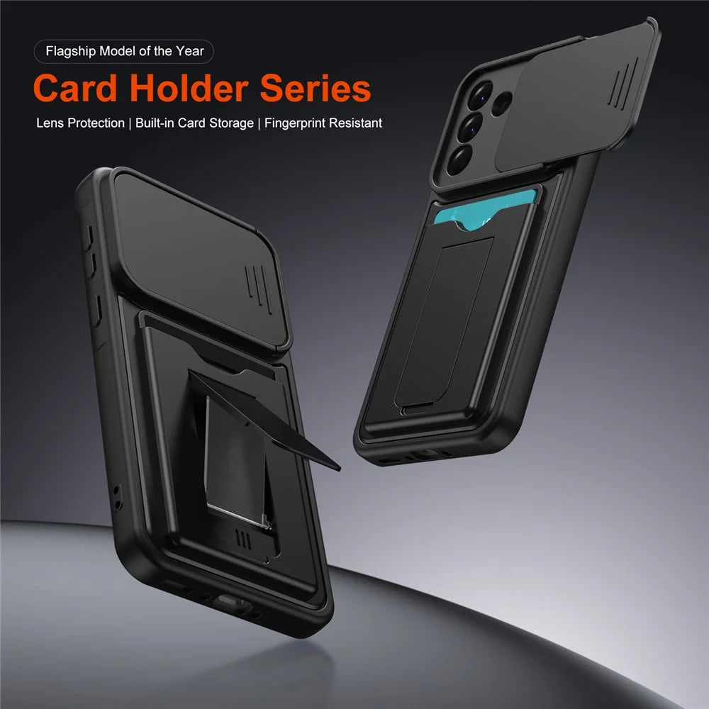 For Samsung Galaxy A36 5G Case Slide Camera Cover Kickstand PC + TPU Phone Shell with Card Holder - Black - 2
