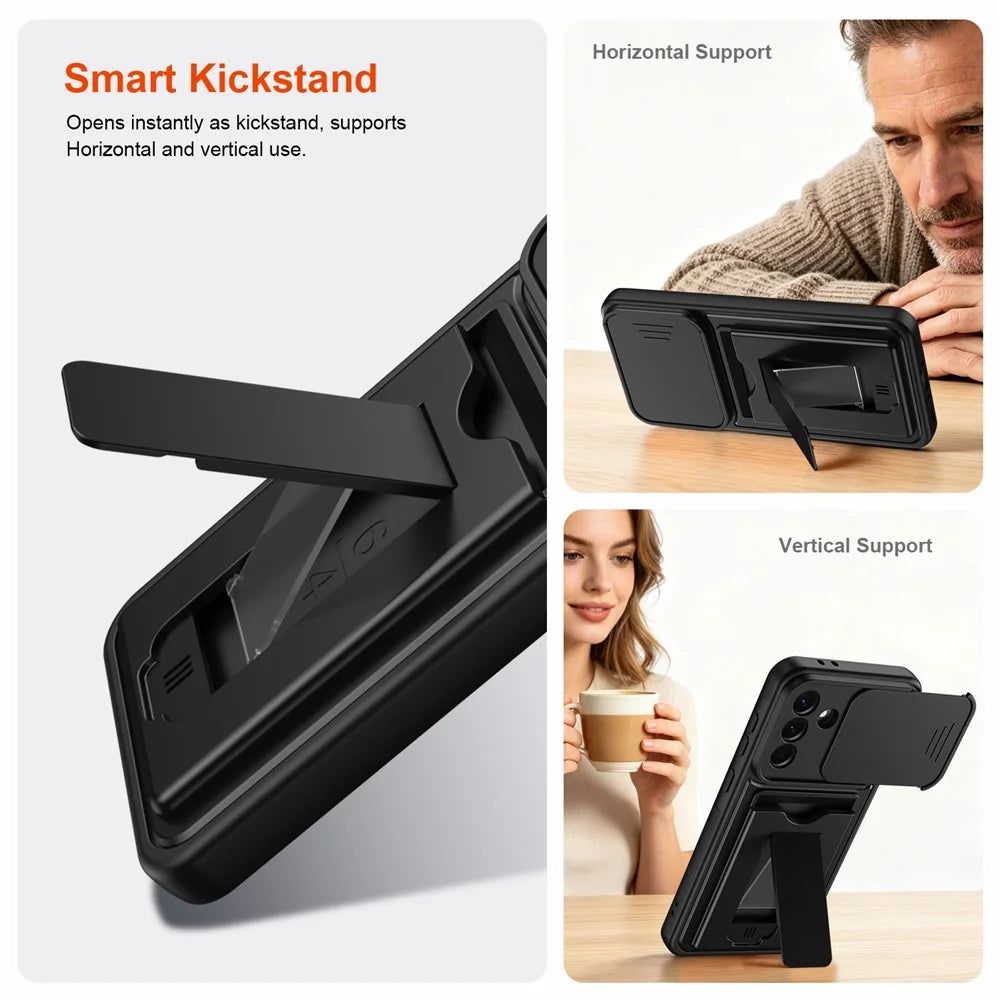 For Samsung Galaxy A36 5G Case Slide Camera Cover Kickstand PC + TPU Phone Shell with Card Holder - Black - 4