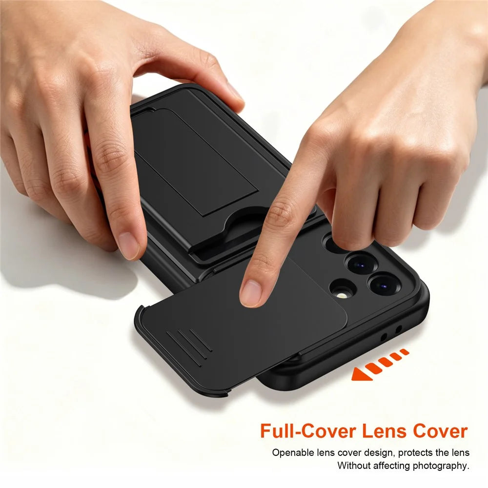 For Samsung Galaxy A36 5G Case Slide Camera Cover Kickstand PC + TPU Phone Shell with Card Holder - Black - 5