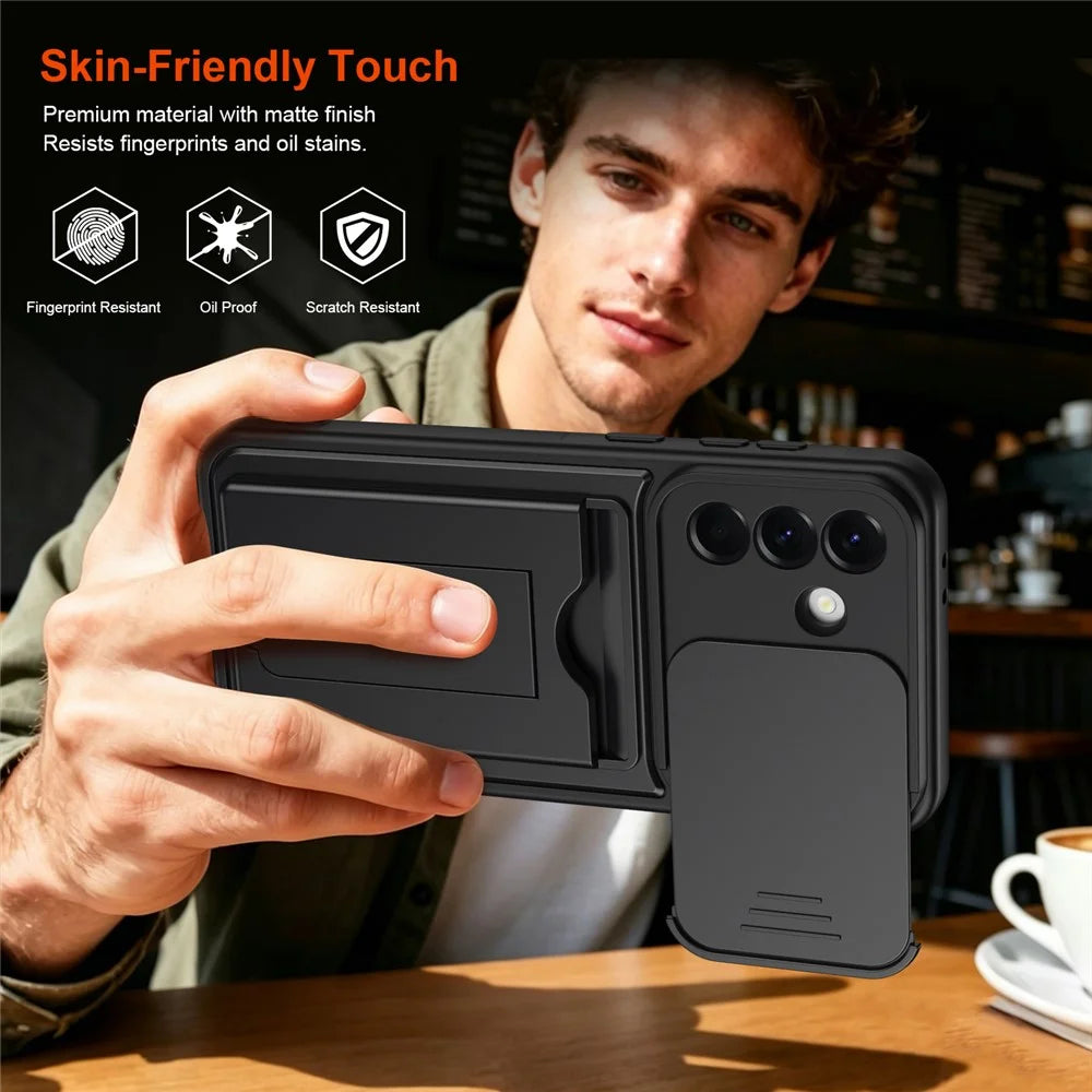 For Samsung Galaxy A36 5G Case Slide Camera Cover Kickstand PC + TPU Phone Shell with Card Holder - Black - 6