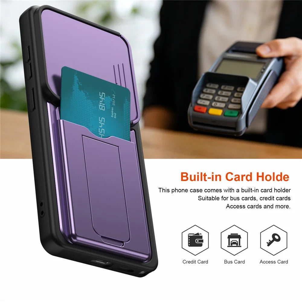 For Samsung Galaxy S26 Ultra Case Slide Camera Cover Kickstand PC + TPU Phone Shell with Card Holder - Purple - 3