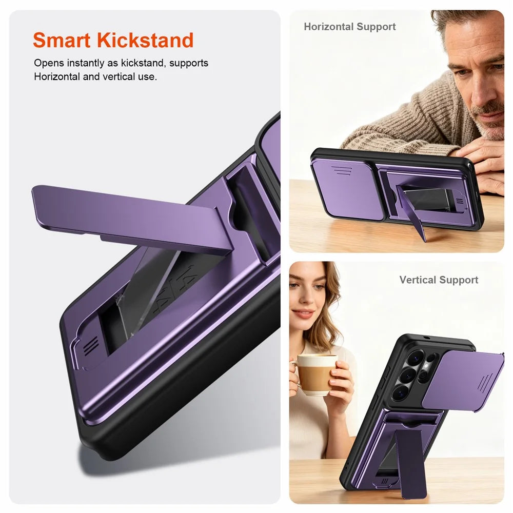 For Samsung Galaxy S26 Ultra Case Slide Camera Cover Kickstand PC + TPU Phone Shell with Card Holder - Purple - 4
