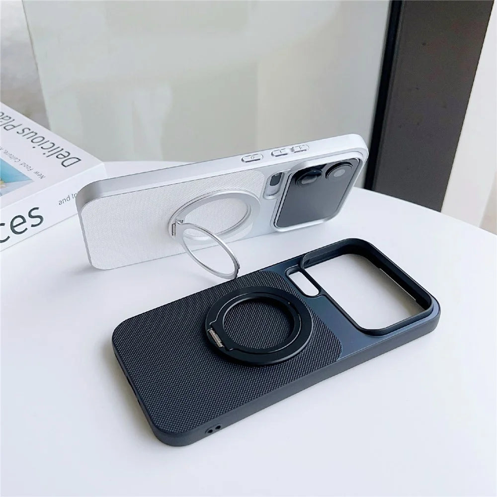 For Xiaomi 17 Pro Magnetic Case Ring Kickstand Tech Fabric Coated PC + TPU Phone Back Cover with Tempered Glass Screen Protector - Dark Grey - 2