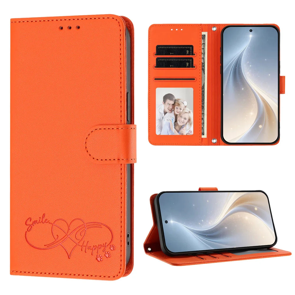 For Samsung Galaxy A16 4G / Galaxy A16 5G Case PU Leather Heart Pattern Wallet Flip Phone Cover with Hand Strap - Orange - 4