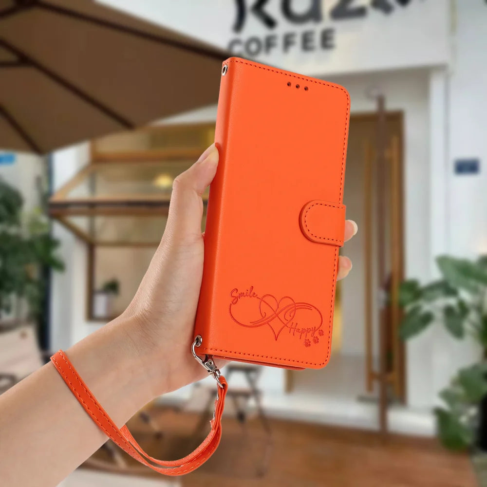 For Samsung Galaxy A16 4G / Galaxy A16 5G Case PU Leather Heart Pattern Wallet Flip Phone Cover with Hand Strap - Orange - 5