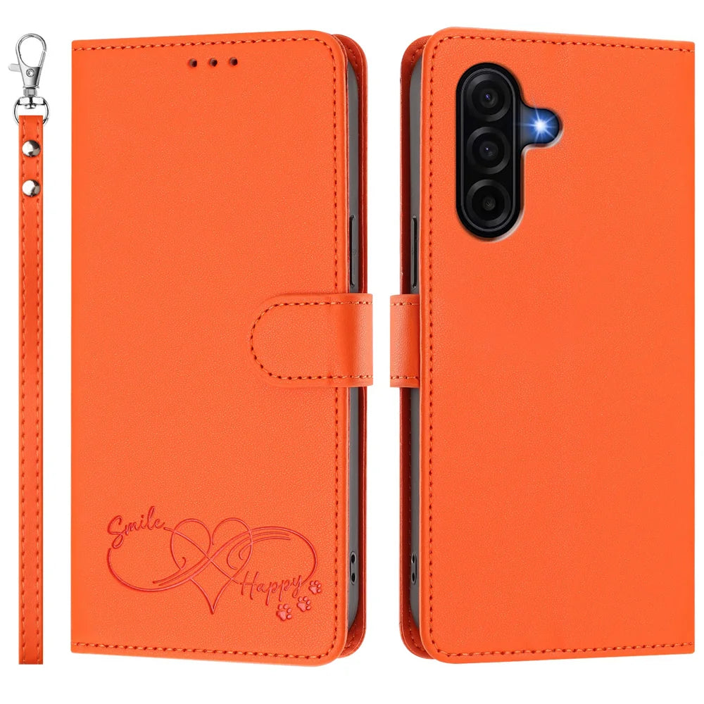 For Samsung Galaxy A36 5G / Galaxy A56 5G / Galaxy A37 5G Case PU Leather Heart Pattern Wallet Flip Phone Cover with Hand Strap - Orange - 1