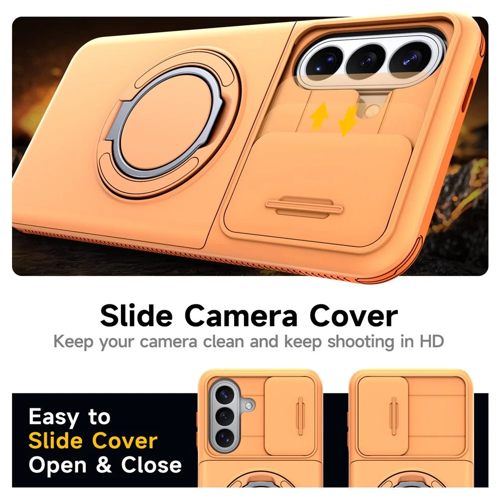 For Samsung Galaxy S24 FE Case Slide Camera Cover Kickstand TPU + PC Phone Protective Shell with Card Holder - Orange - 6