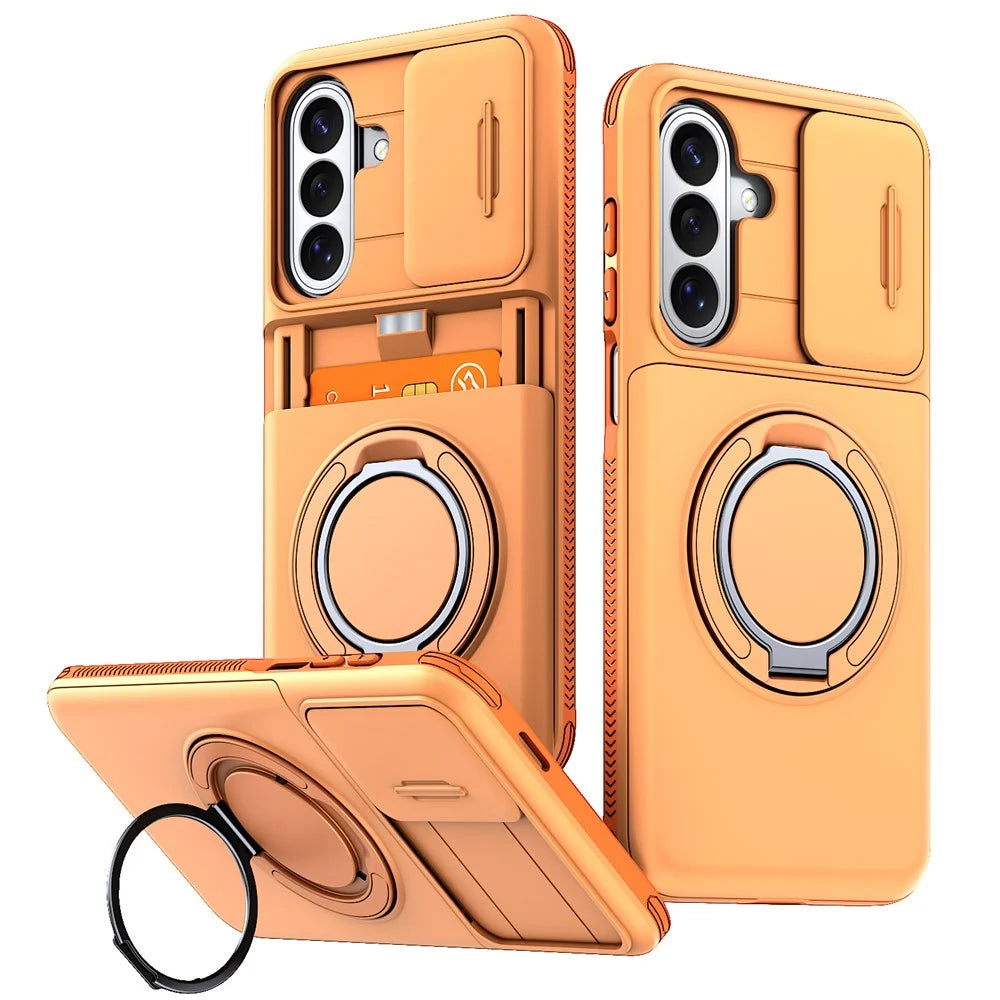 For Samsung Galaxy A15 4G / A15 5G Case Slide Camera Cover Kickstand TPU + PC Phone Protective Shell with Card Holder - Orange - 1