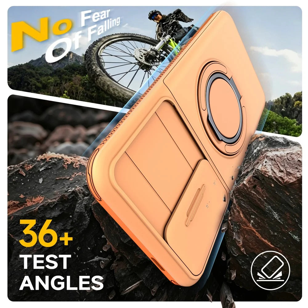 For Samsung Galaxy A15 4G / A15 5G Case Slide Camera Cover Kickstand TPU + PC Phone Protective Shell with Card Holder - Orange - 3