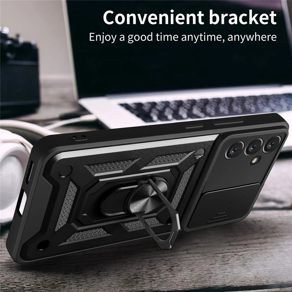 Shockproof Phone Case for Samsung Galaxy A14 5G / A14 4G Ring Kickstand PC + TPU Protective Back Cover with Slide Camera Protector - Black - 6