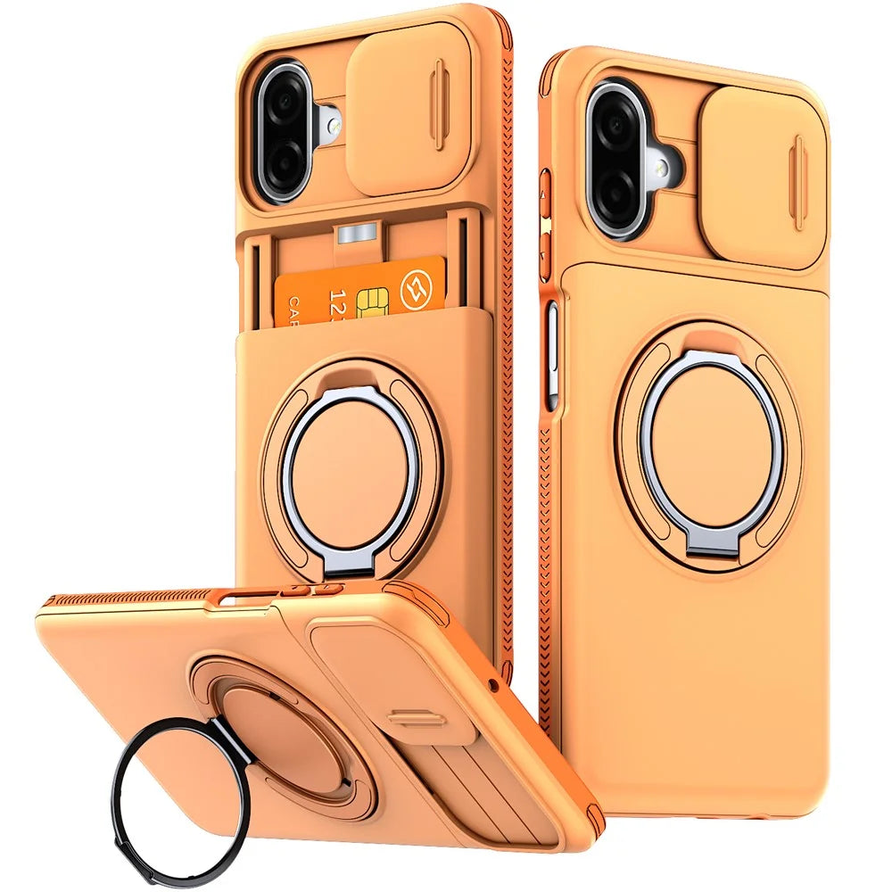 For Samsung Galaxy A08 5G / A07 5G / A07 4G Case Slide Camera Cover Kickstand TPU + PC Protective Phone Shell with Card Holder - Orange - 1