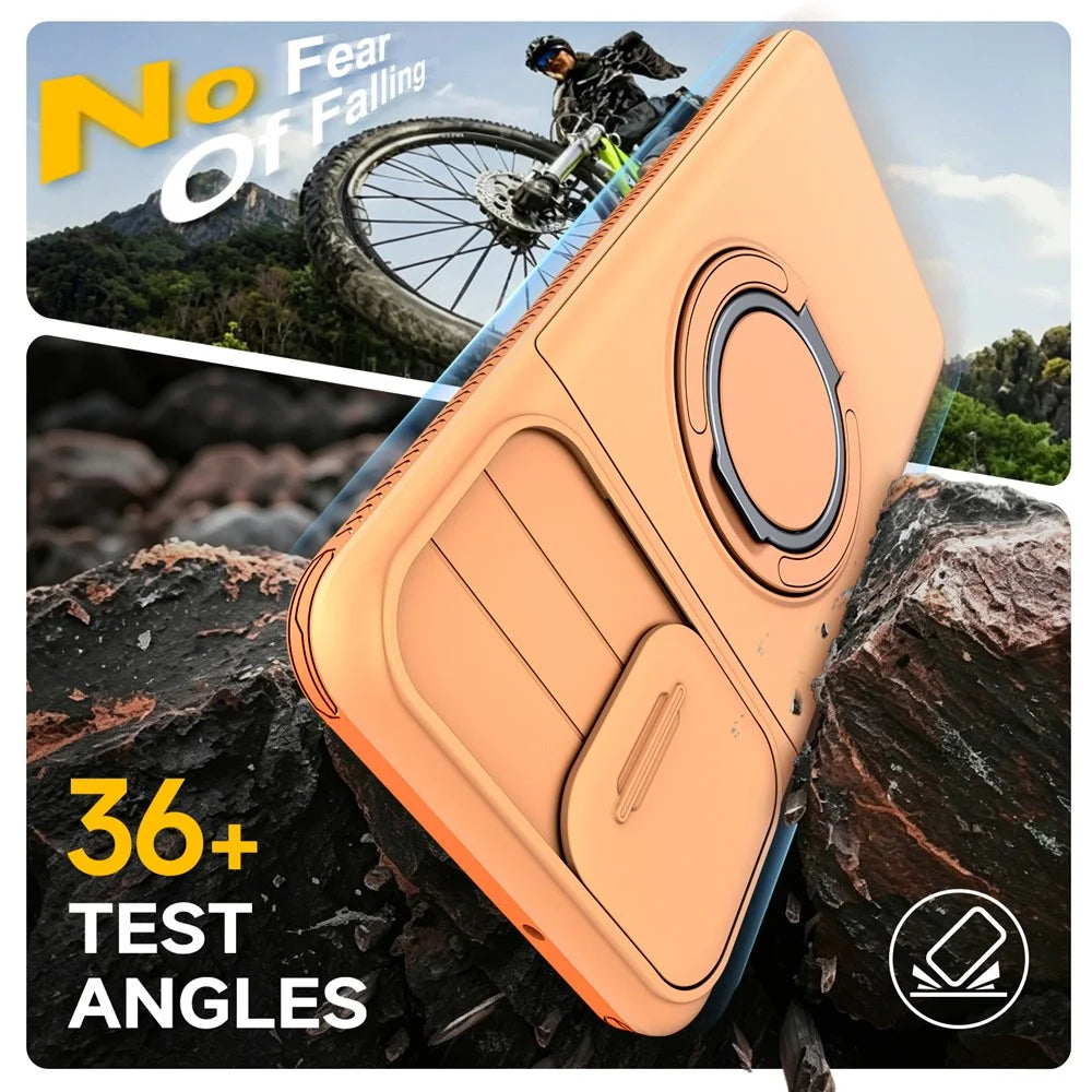 For Samsung Galaxy A08 5G / A07 5G / A07 4G Case Slide Camera Cover Kickstand TPU + PC Protective Phone Shell with Card Holder - Orange - 3