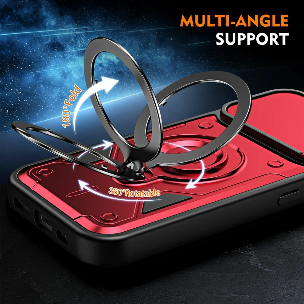 For iPhone 16 Magnetic Case Rotating Kickstand Lens Slider Cover PC + TPU Phone Shell with Tempered Glass Flim - Red - 3