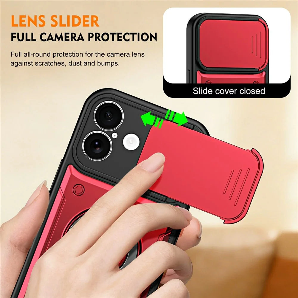 For iPhone 16 Magnetic Case Rotating Kickstand Lens Slider Cover PC + TPU Phone Shell with Tempered Glass Flim - Red - 5
