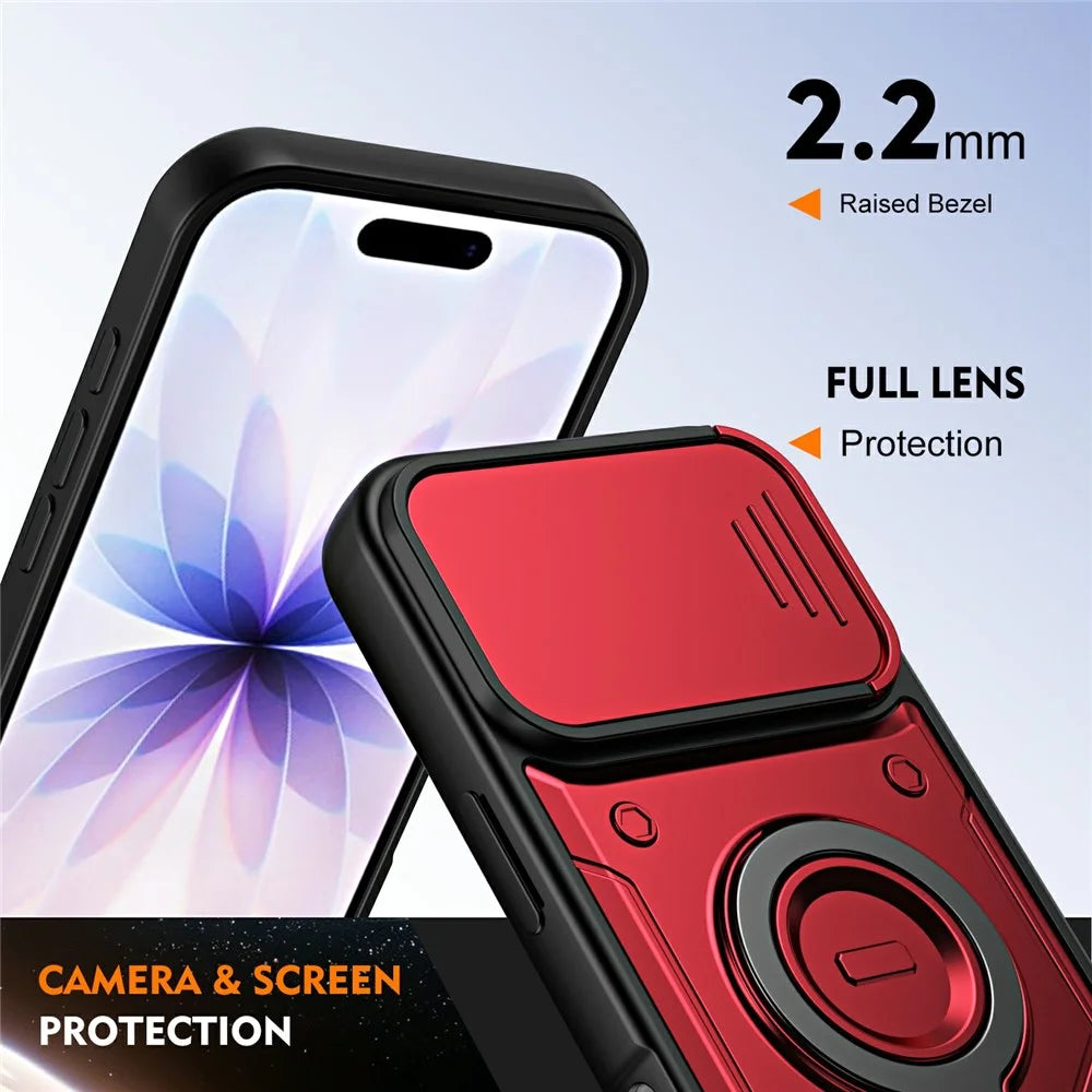 For iPhone 16 Magnetic Case Rotating Kickstand Lens Slider Cover PC + TPU Phone Shell with Tempered Glass Flim - Red - 7