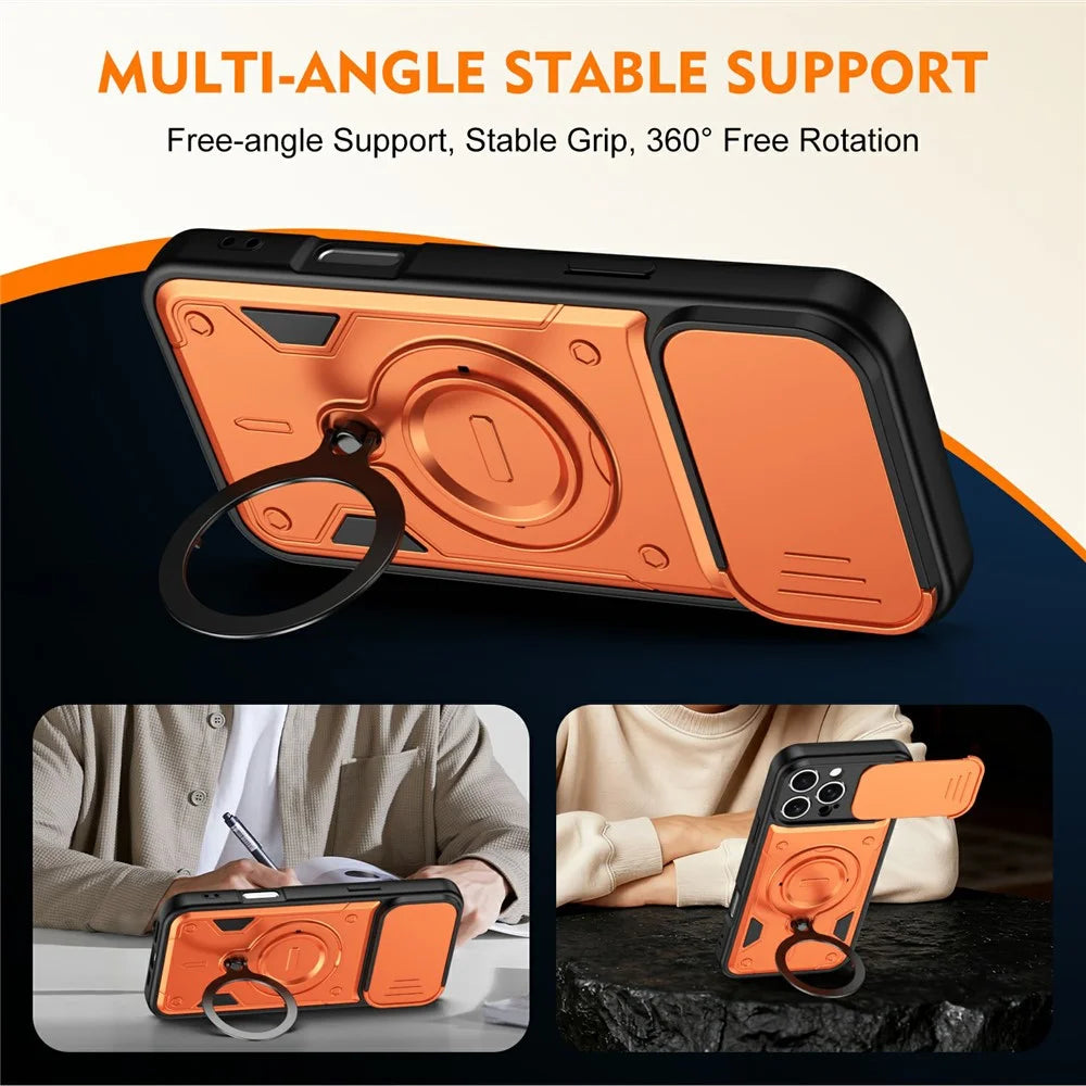 For iPhone 16 Pro Magnetic Case Rotating Kickstand Lens Slider Cover PC + TPU Phone Shell with Tempered Glass Flim - Orange - 4