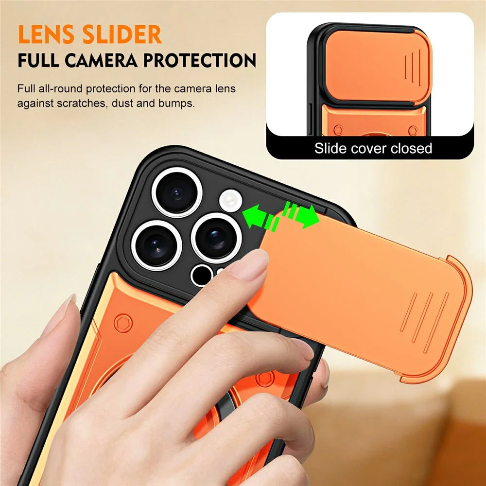 For iPhone 16 Pro Magnetic Case Rotating Kickstand Lens Slider Cover PC + TPU Phone Shell with Tempered Glass Flim - Orange - 5